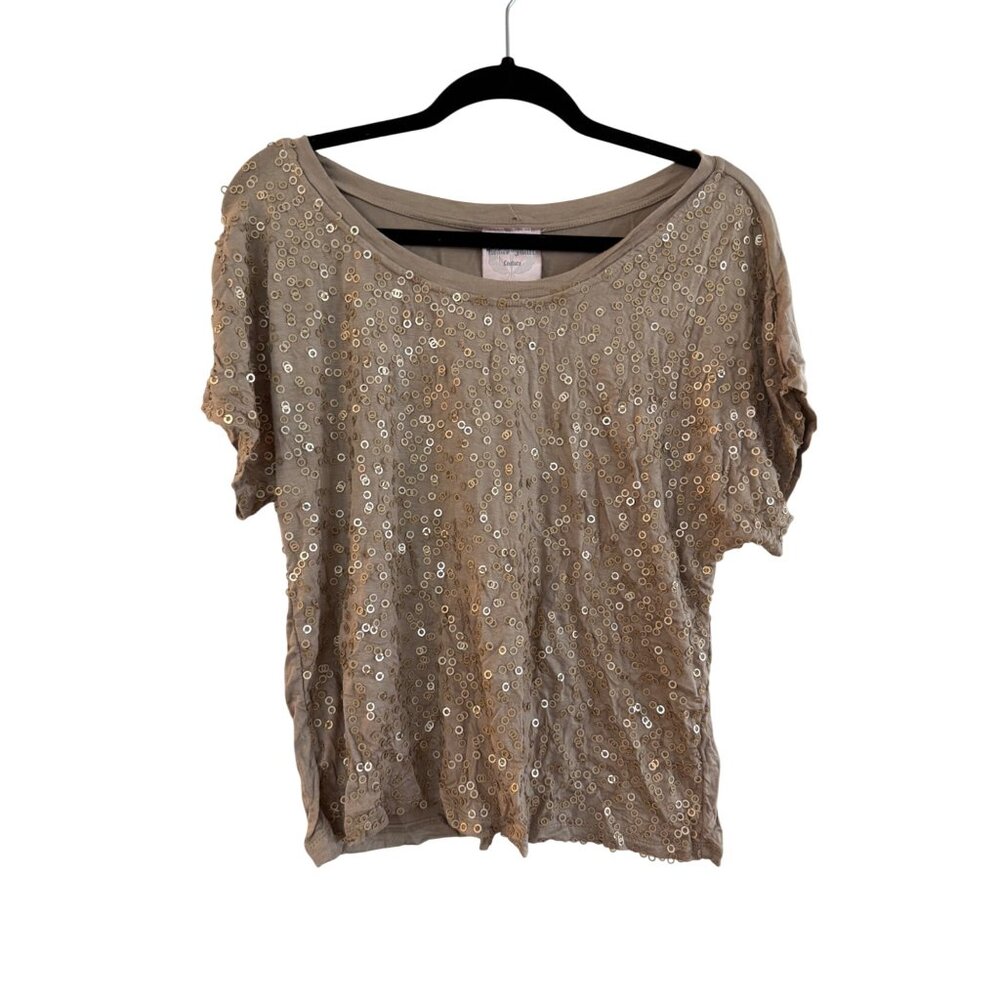 Romeo & Juliet Couture Tan Sequin Embellished Short Sleeve Top L 98% Cotton/2% P